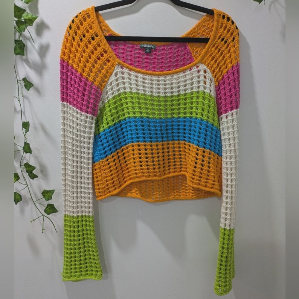 XS Wild Fable Multicolored Thich Fishnet Crew Neck Sweater
